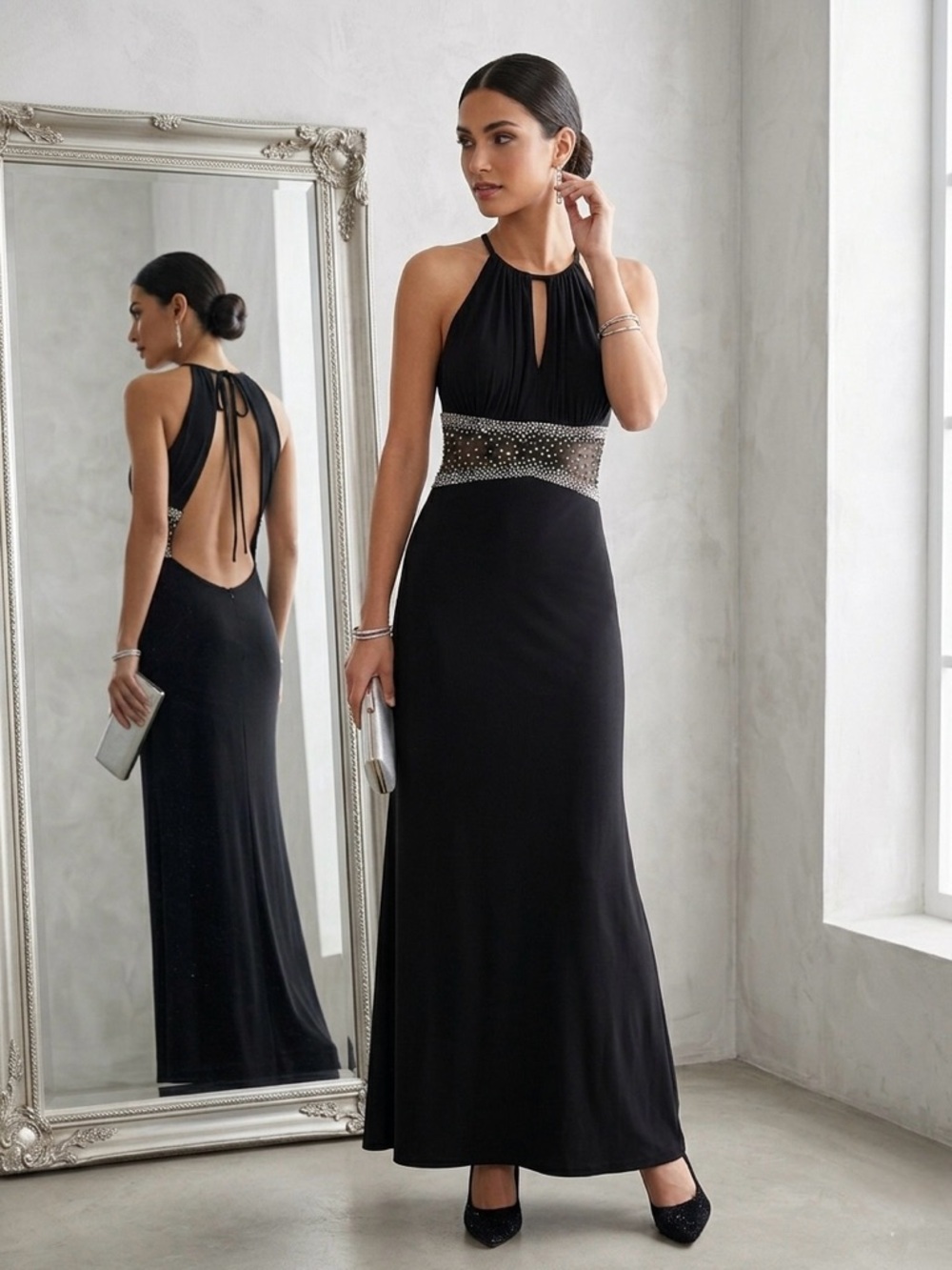 Morgan & Co. Elegant Black Evening Gown with Embellished Waist
